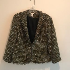 Chico’s Size 1 Green And Gold Tweed Jacket.